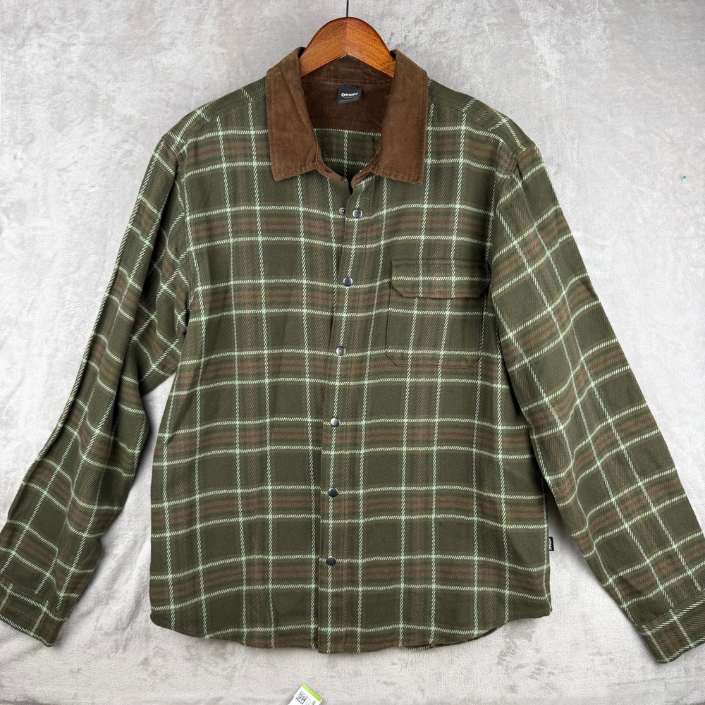 Oakley Mens 2XL‎ Plaid Button Down Shirt Green Brown Corduroy Collar Snap Front